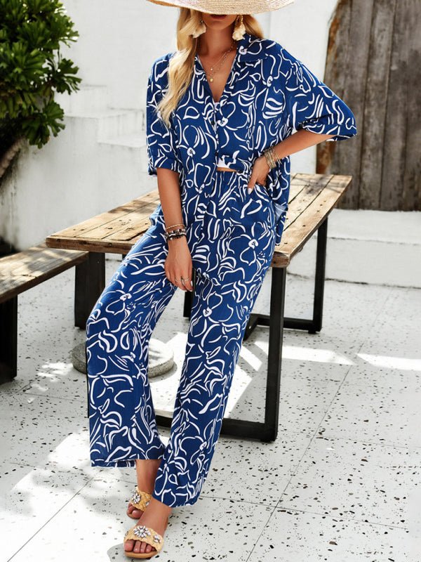 New women's casual fashion printed lapel short - sleeved shirt and trousers vacation suit - Pant Suit